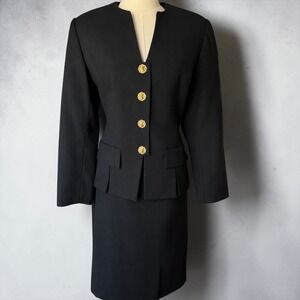 Selina 100% Virgin Wool Black Skirt Suit Sz 12 Gold Button Career Vintage